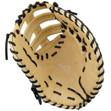 The Mizuno Franchise 12.5" Baseball First Base Mitt (GXF90B5) is shown open in tan and black full-grain leather, featuring visible stitching and finger slots, ready to catch a ball.