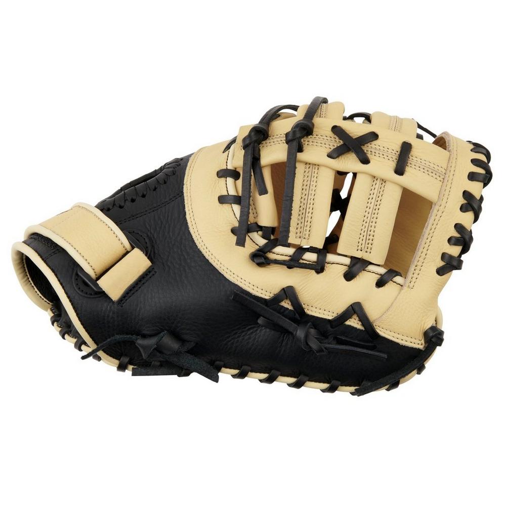 The Mizuno Franchise 12.5" First Base Mitt (GXF90B5) is a black and tan full-grain leather glove with black laces, shown from the side to highlight its pocket and webbing.