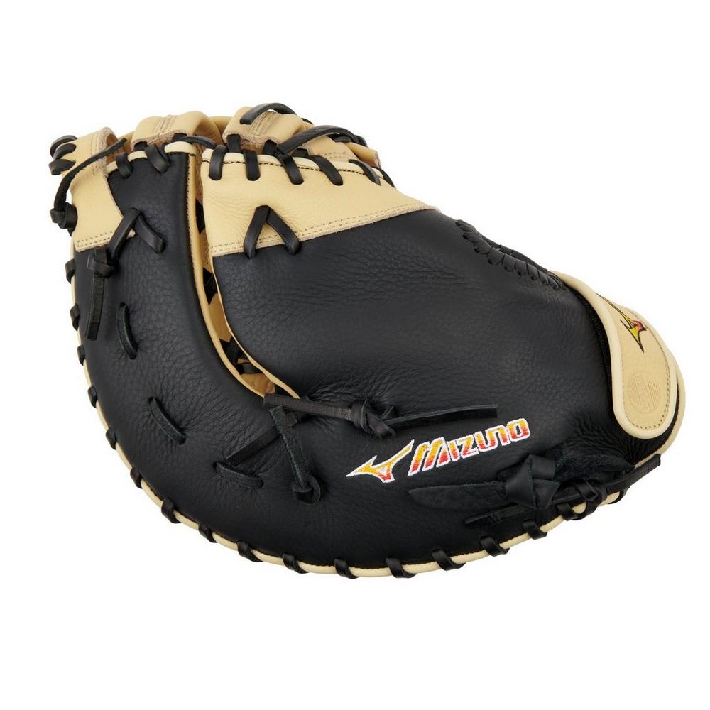 A black and tan Mizuno Franchise 12.5" Baseball First Base Mitt (GXF90B5) with full-grain leather, visible stitching, and the Mizuno logo on the palm, photographed against a white background.