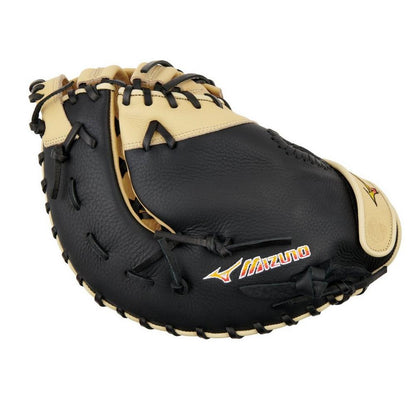 A black and tan Mizuno Franchise 12.5" Baseball First Base Mitt (GXF90B5) with full-grain leather, visible stitching, and the Mizuno logo on the palm, photographed against a white background.
