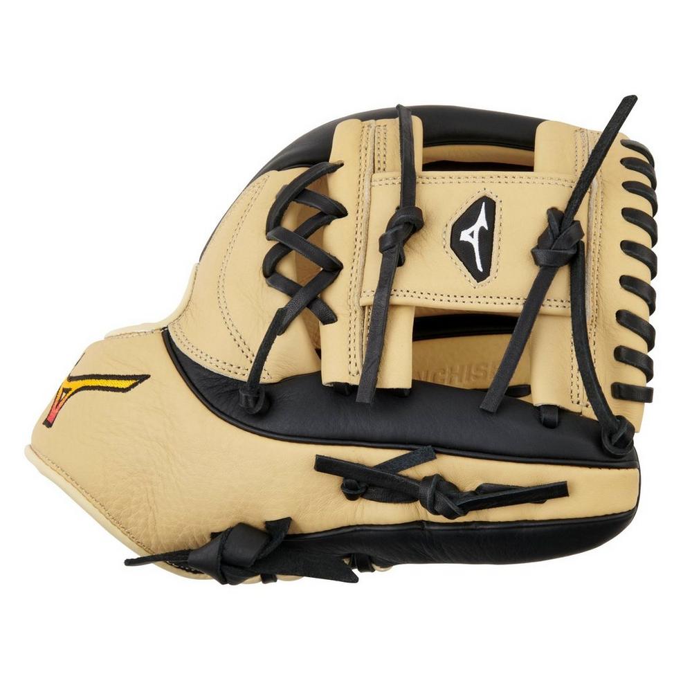 The Mizuno Franchise 11.5" Baseball Glove (GFN1150B5) features a tan and black design with black laces, full-grain leather, and Mizuno logos on the wrist and back—perfect for infielders.