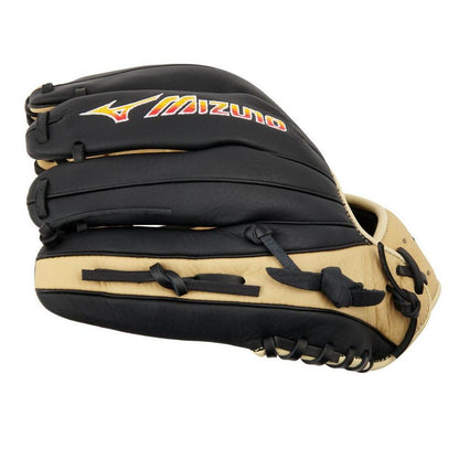 The Mizuno Franchise 11.5" Baseball Glove (GFN1150B5, 313241) is a black and tan closed infielder glove made from full-grain leather with yellow, red, and white Mizuno branding on the back, shown in a side view.