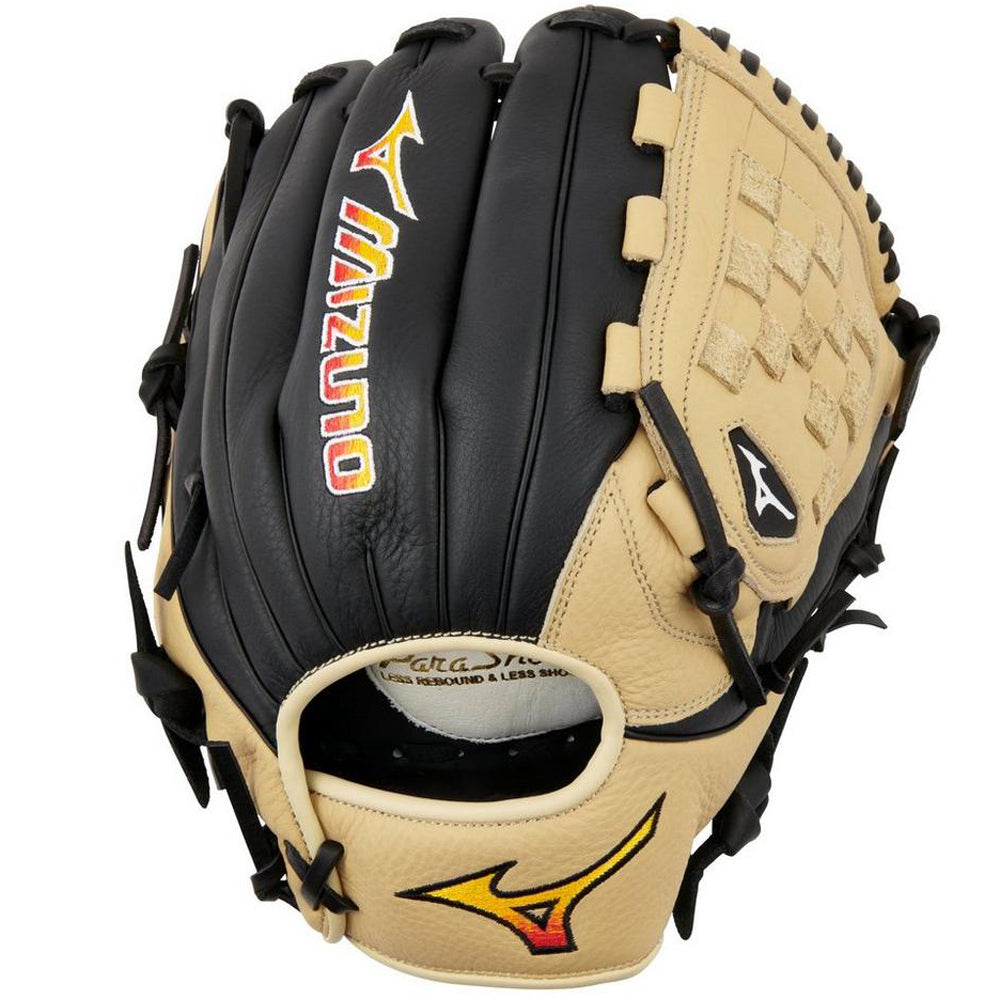 The Mizuno Franchise 12" Baseball Glove: GFN1200B5 (313243) is a tan and black full-grain leather glove featuring Mizuno branding, durable lacing, and a classic woven web design—perfect for pitchers seeking quality and style.