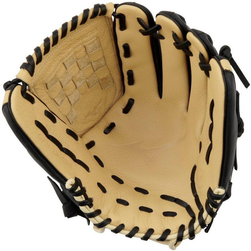 The Mizuno Franchise 12" Baseball Glove: GFN1200B5 (313243) features a tan and black full-grain leather design with black laces, pocket, and webbing—crafted for pitchers and ready for game action.