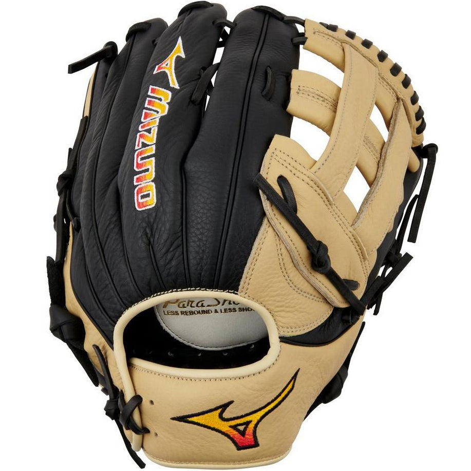 The Mizuno Franchise 12.5" Baseball Glove (GFN1250B5) features beige and black full-grain leather, red and yellow Mizuno logo embroidery, tan web lacing, and is an ideal utility glove for versatile players.