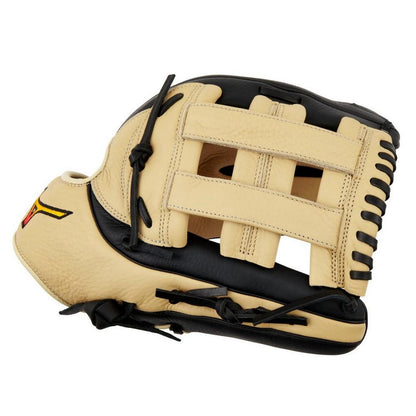 The Mizuno Franchise 12.5" Baseball Glove (GFN1250B5, 313244) features a tan and black design with a woven web and black laces, shown from the side with the glove pocket facing left.