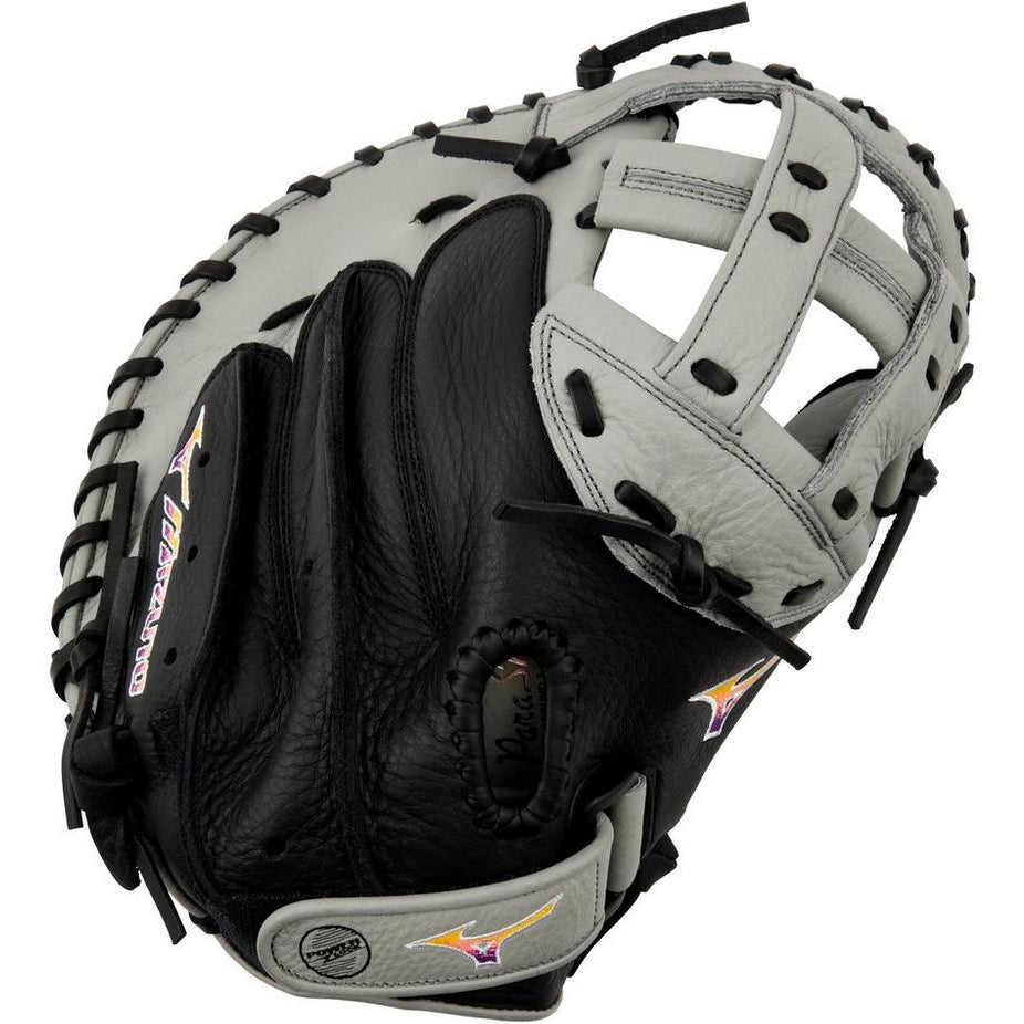 The Mizuno Franchise 34" Fastpitch Catcher's Mitt: GXS90F5 (313245) features a black and gray full-grain leather design, open web, detailed stitching, and a purple-and-gold Mizuno logo on the thumb and pinky.