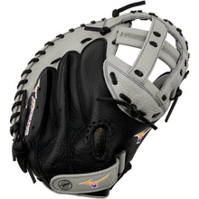 The Mizuno Franchise 34" Fastpitch Catcher's Mitt: GXS90F5 (313245) features a black and gray full-grain leather design, open web, detailed stitching, and a purple-and-gold Mizuno logo on the thumb and pinky.