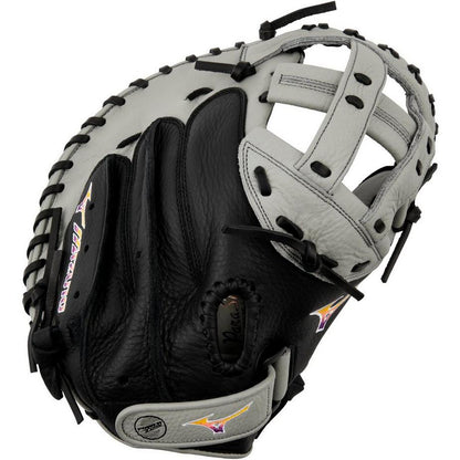 The Mizuno Franchise 34" Fastpitch Catcher's Mitt: GXS90F5 (313245) features a black and gray full-grain leather design, open web, detailed stitching, and a purple-and-gold Mizuno logo on the thumb and pinky.