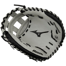 A black and white Mizuno Franchise 34" Fastpitch Catcher's Mitt (GXS90F5, 313245) made of full-grain leather features visible stitching, branding, and "FRANCHISE" printed on the glove’s outer edge.