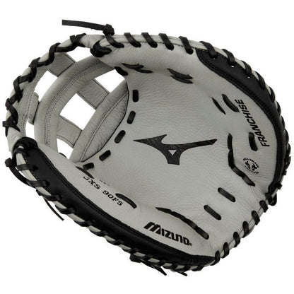 A black and white Mizuno Franchise 34" Fastpitch Catcher's Mitt (GXS90F5, 313245) made of full-grain leather features visible stitching, branding, and "FRANCHISE" printed on the glove’s outer edge.