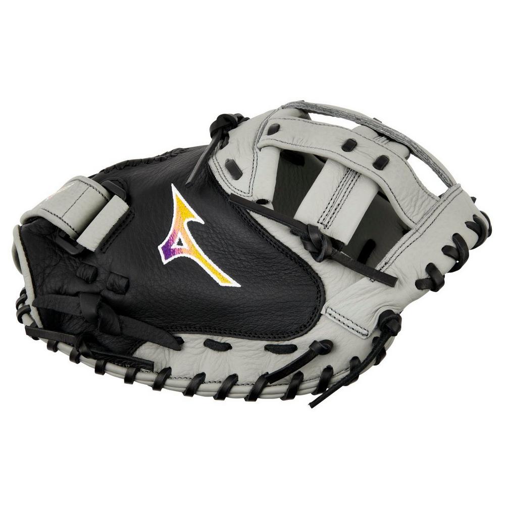 The Mizuno Franchise 34" Fastpitch Catcher's Mitt (GXS90F5) features black and gray full-grain leather, black lacing, and a multicolored Mizuno logo embroidered on the palm.