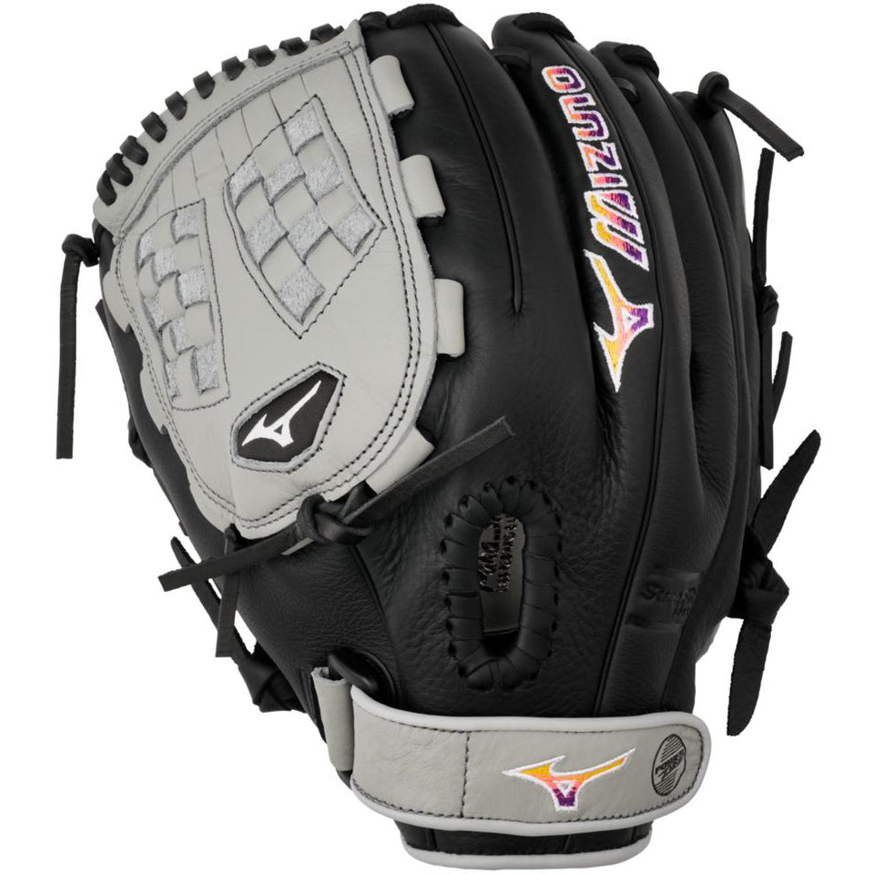 The Mizuno Franchise 12" Fastpitch Glove (GFN1200F5, 313246) features a black and gray design with white stitching, black laces, and multicolor embroidered logos—perfect for female athletes seeking quality performance.
