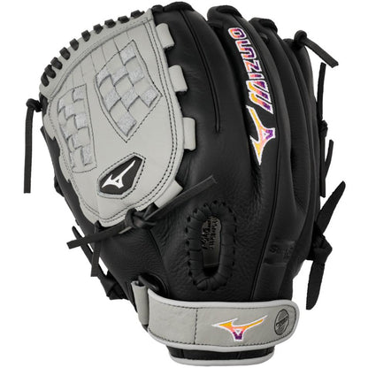 The Mizuno Franchise 12" Fastpitch Glove (GFN1200F5, 313246) features a black and gray design with white stitching, black laces, and multicolor embroidered logos—perfect for female athletes seeking quality performance.