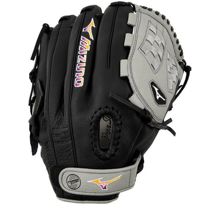 The Mizuno Franchise 12" Fastpitch Glove: GFN1200F5 (313246) combines black and gray colors with a woven web and yellow, purple, and pink Mizuno branding—an ideal choice for female athletes who want both style and top performance.