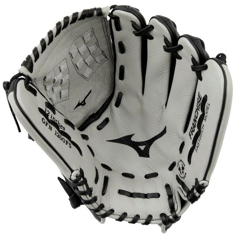 The Mizuno Franchise 12" Fastpitch Glove (GFN1200F5) features a white design with black laces and accents, plus the Mizuno logo—perfect for female athletes or as a standout softball glove in any collection.