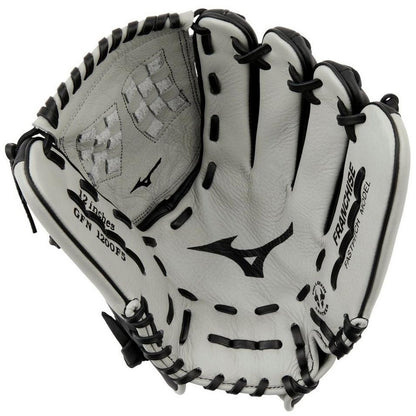 The Mizuno Franchise 12" Fastpitch Glove (GFN1200F5) features a white design with black laces and accents, plus the Mizuno logo—perfect for female athletes or as a standout softball glove in any collection.