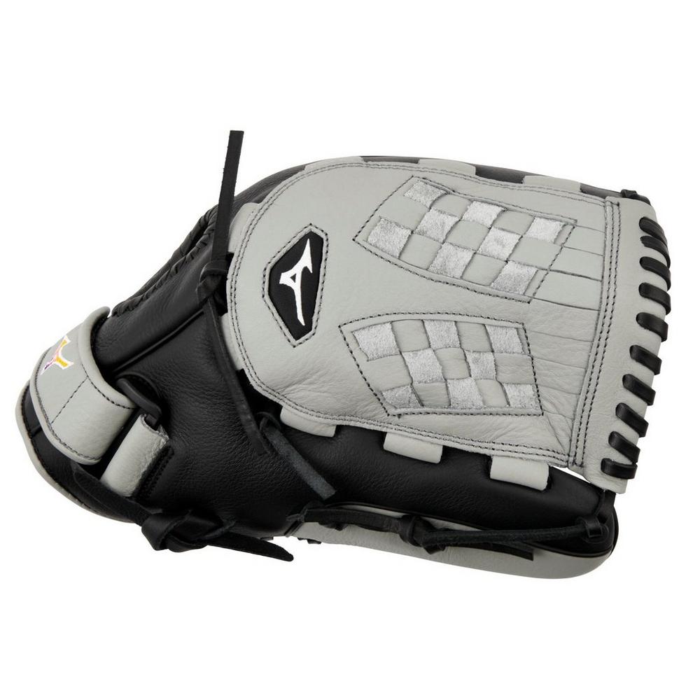 The Mizuno Franchise 12" Fastpitch Glove (GFN1200F5) features a gray and black design, checkered web, black laces, and a white Mizuno logo—ideal for female athletes seeking a dependable softball glove.