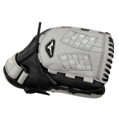 The Mizuno Franchise 12" Fastpitch Glove (GFN1200F5) features a gray and black design, checkered web, black laces, and a white Mizuno logo—ideal for female athletes seeking a dependable softball glove.