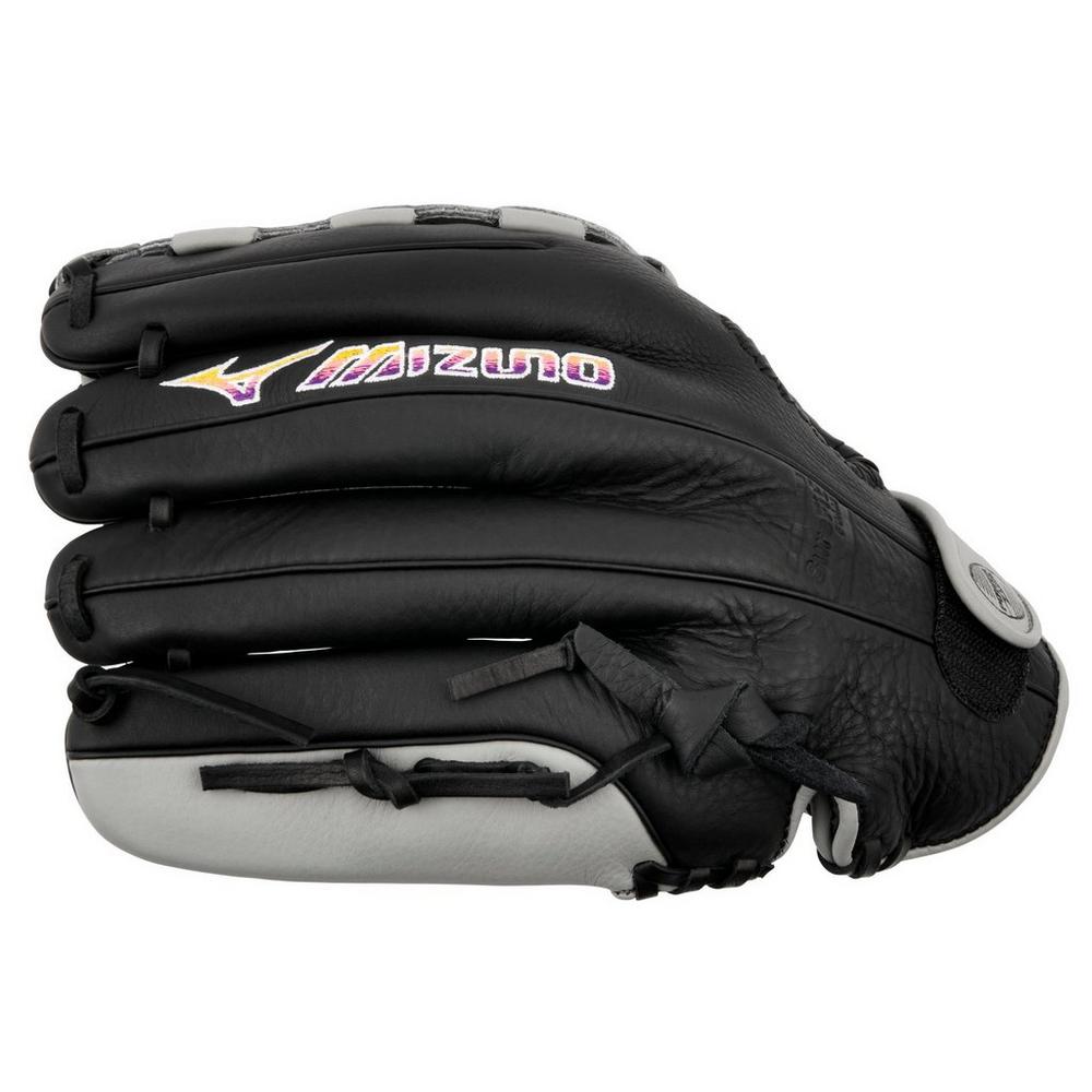 The Mizuno Franchise 12" Fastpitch Glove: GFN1200F5 (313246) is a black glove with white accents, designed for female athletes and featuring the Mizuno logo and brand name on top.