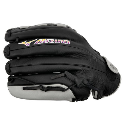 The Mizuno Franchise 12" Fastpitch Glove: GFN1200F5 (313246) is a black glove with white accents, designed for female athletes and featuring the Mizuno logo and brand name on top.