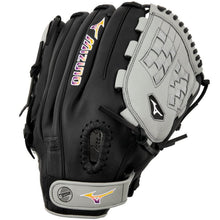 The Mizuno Franchise 12.5" Fastpitch Glove (GFN1250F5, 313247) is a black and gray full-grain leather glove with a webbed pocket and wrist strap patch—perfect for dedicated female athletes.