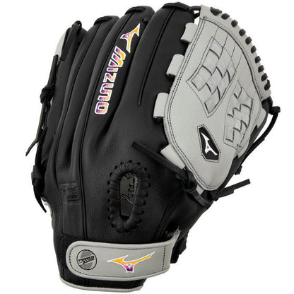 The Mizuno Franchise 12.5" Fastpitch Glove (GFN1250F5, 313247) is a black and gray full-grain leather glove with a webbed pocket and wrist strap patch—perfect for dedicated female athletes.