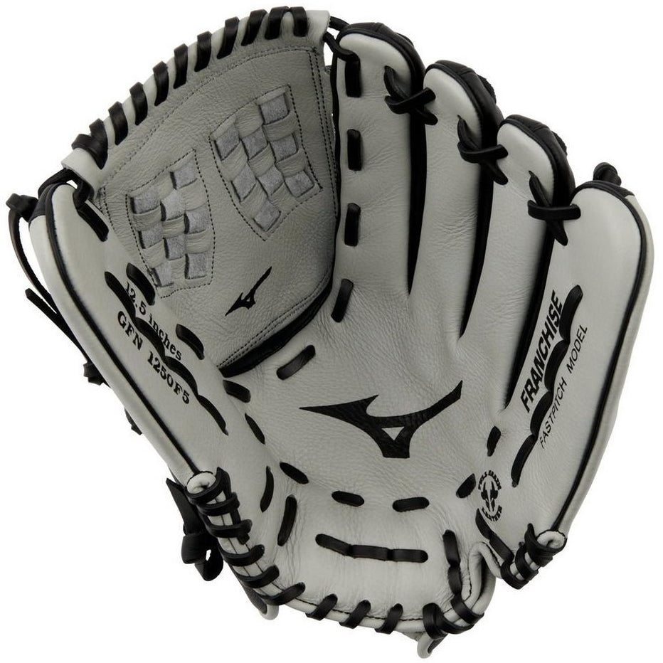 A white and black Mizuno Franchise 12.5" Fastpitch Glove (GFN1250F5) is displayed open, showing stitched webbing and the Mizuno logos inside. "Franchise," "GFN1250F5," and "12.5 Inch" are printed on the full-grain leather.