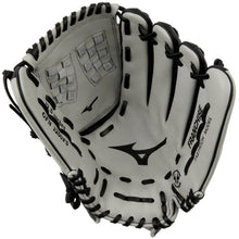 A white and black Mizuno Franchise 12.5" Fastpitch Glove (GFN1250F5) is displayed open, showing stitched webbing and the Mizuno logos inside. "Franchise," "GFN1250F5," and "12.5 Inch" are printed on the full-grain leather.