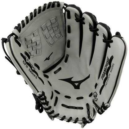 A white and black Mizuno Franchise 12.5" Fastpitch Glove (GFN1250F5) is displayed open, showing stitched webbing and the Mizuno logos inside. "Franchise," "GFN1250F5," and "12.5 Inch" are printed on the full-grain leather.
