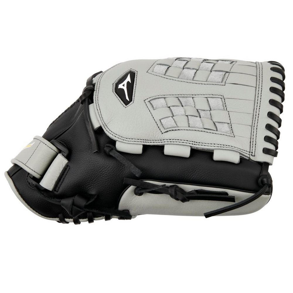 The Mizuno Franchise 12.5" Fastpitch Glove (GFN1250F5) features a black and gray design, woven web pocket, black lacing, backhand brand logo, and is crafted from premium full-grain leather for lasting performance.