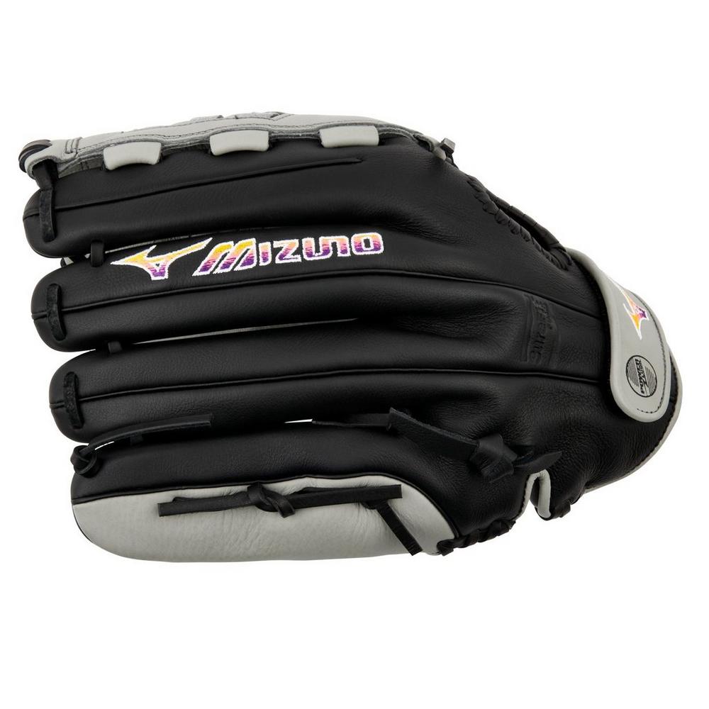 The Mizuno Franchise 12.5" Fastpitch Glove (GFN1250F5, 313247) is a black and gray full-grain leather glove with white accents and the Mizuno logo—perfect for the serious female athlete.