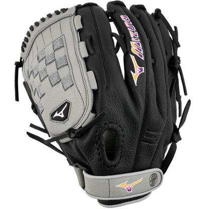 The Mizuno Franchise 13" Fastpitch Glove (GFN1300F5) features a black and gray design, woven web pattern, prominent stitching, and Mizuno logos in white, purple, and yellow on the wrist strap and glove back.