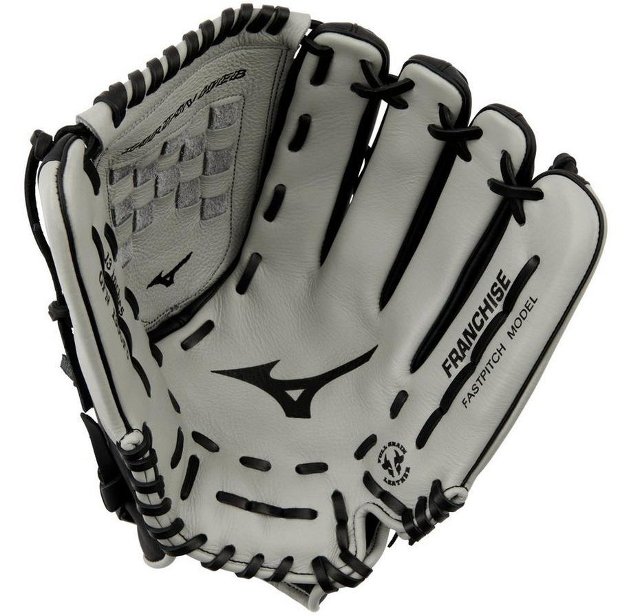 The Mizuno Franchise 13" Fastpitch Glove (GFN1300F5) is a white full-grain leather softball glove with black lacing and lettering, shown open to reveal the palm and inside.