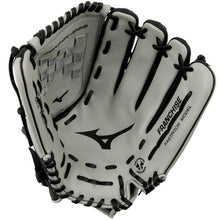 The Mizuno Franchise 13" Fastpitch Glove (GFN1300F5) is a white full-grain leather softball glove with black lacing and lettering, shown open to reveal the palm and inside.