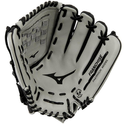 The Mizuno Franchise 13" Fastpitch Glove (GFN1300F5) is a white full-grain leather softball glove with black lacing and lettering, shown open to reveal the palm and inside.
