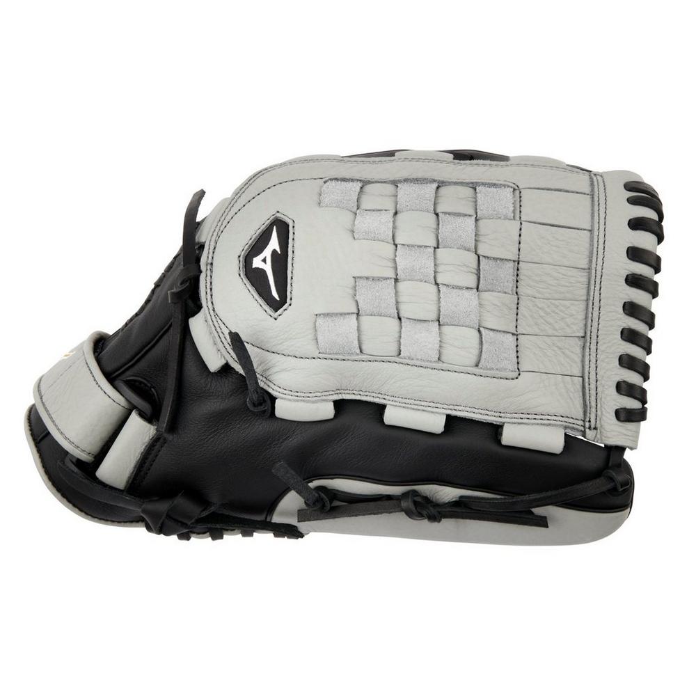 The Mizuno Franchise 13" Fastpitch Glove (GFN1300F5) features black and gray full-grain leather, a woven web design, and a visible Mizuno logo on the back—ideal for female athletes. The glove is shown palm down.