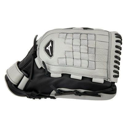 The Mizuno Franchise 13" Fastpitch Glove (GFN1300F5) features black and gray full-grain leather, a woven web design, and a visible Mizuno logo on the back—ideal for female athletes. The glove is shown palm down.