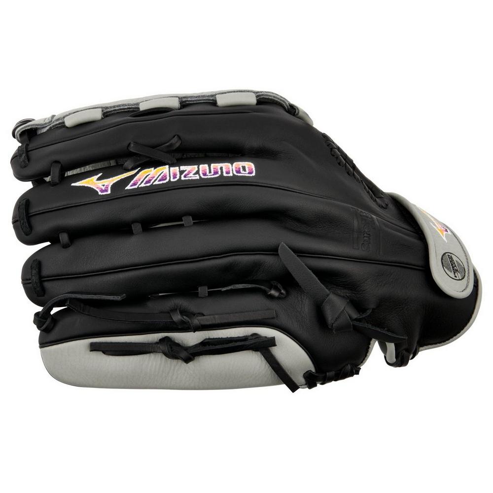 The Mizuno Franchise 13" Fastpitch Glove (GFN1300F5) features black and grey full-grain leather, delivering durability and comfort—ideal for the serious female athlete.