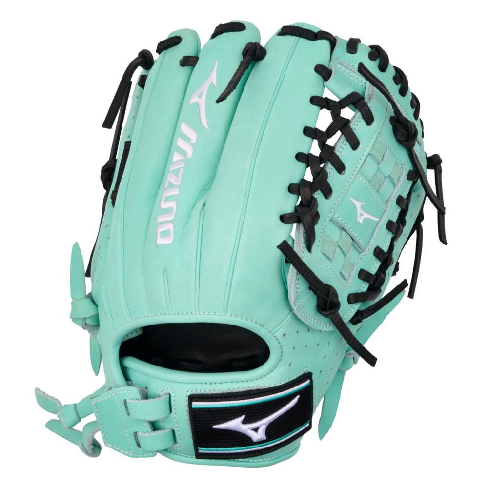 A Mizuno Prime Elite X 12" Fastpitch Glove (GPEXF-10, 313346) in turquoise with black laces and white Mizuno logos is shown on a plain white background.
