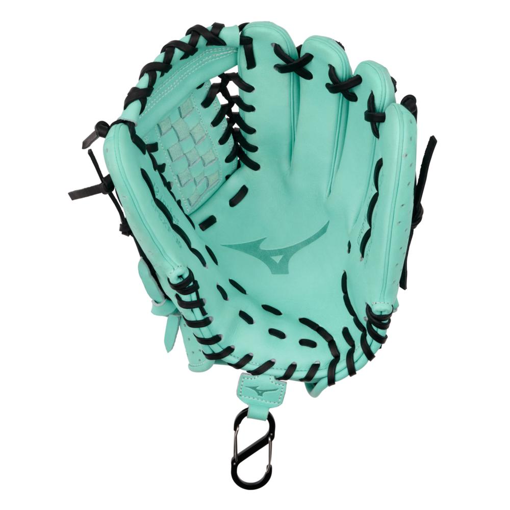 The Mizuno Prime Elite X 12" Fastpitch Glove (GPEXF-10, 313346) is a teal glove with black laces and stitching, a Mizuno logo on the palm, and a metal clip on the wrist strap.