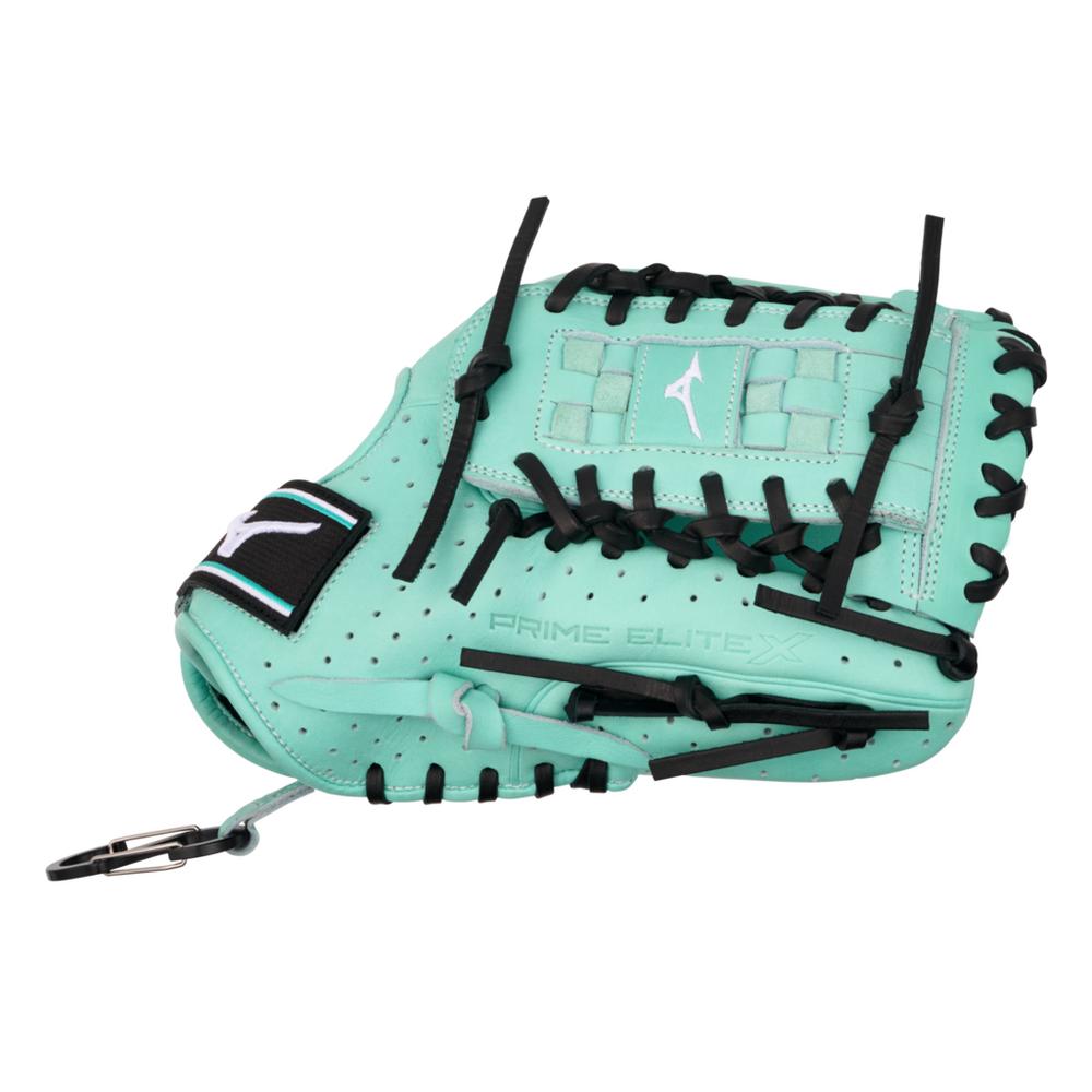 The Mizuno Prime Elite X 12" Fastpitch Glove (GPEXF-10) by Mizuno features a turquoise design with black laces, woven web, white side logo, and a metal clip on the wrist strap for convenience.