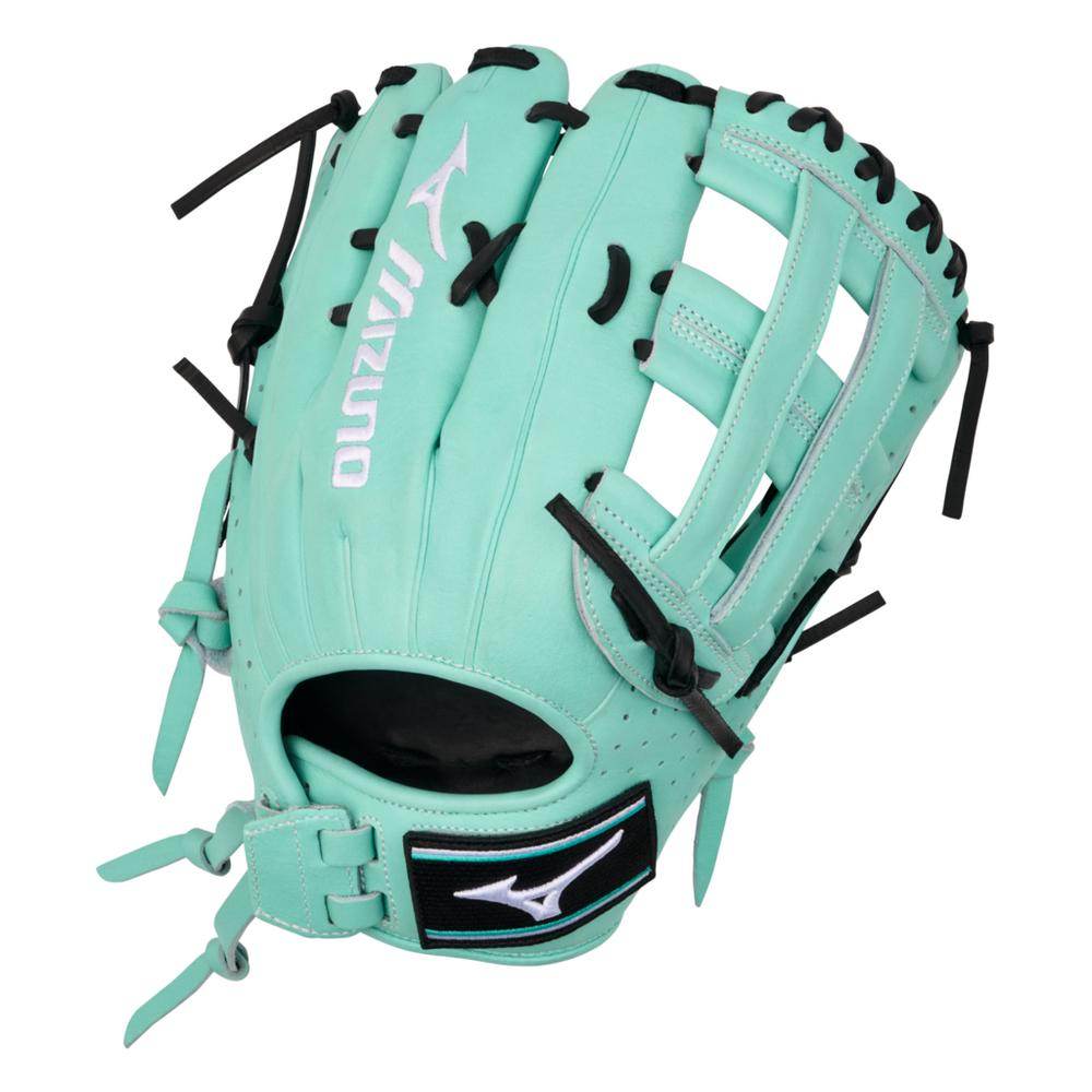 The Mizuno Prime Elite X 12.5" Fastpitch Glove (GPEXF-60, 313350) features teal color with black laces, white logo accents, an open web design, and an adjustable wrist strap.