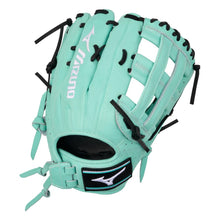 The Mizuno Prime Elite X 12.5" Fastpitch Glove (GPEXF-60, 313350) features teal color with black laces, white logo accents, an open web design, and an adjustable wrist strap.