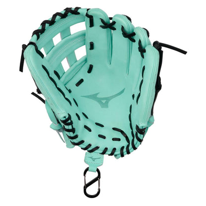 A Mizuno Prime Elite X 12.5" Fastpitch Glove (GPEXF-60) in teal with black laces and a black clip is shown palm side up, featuring a stylized logo on the inner palm.