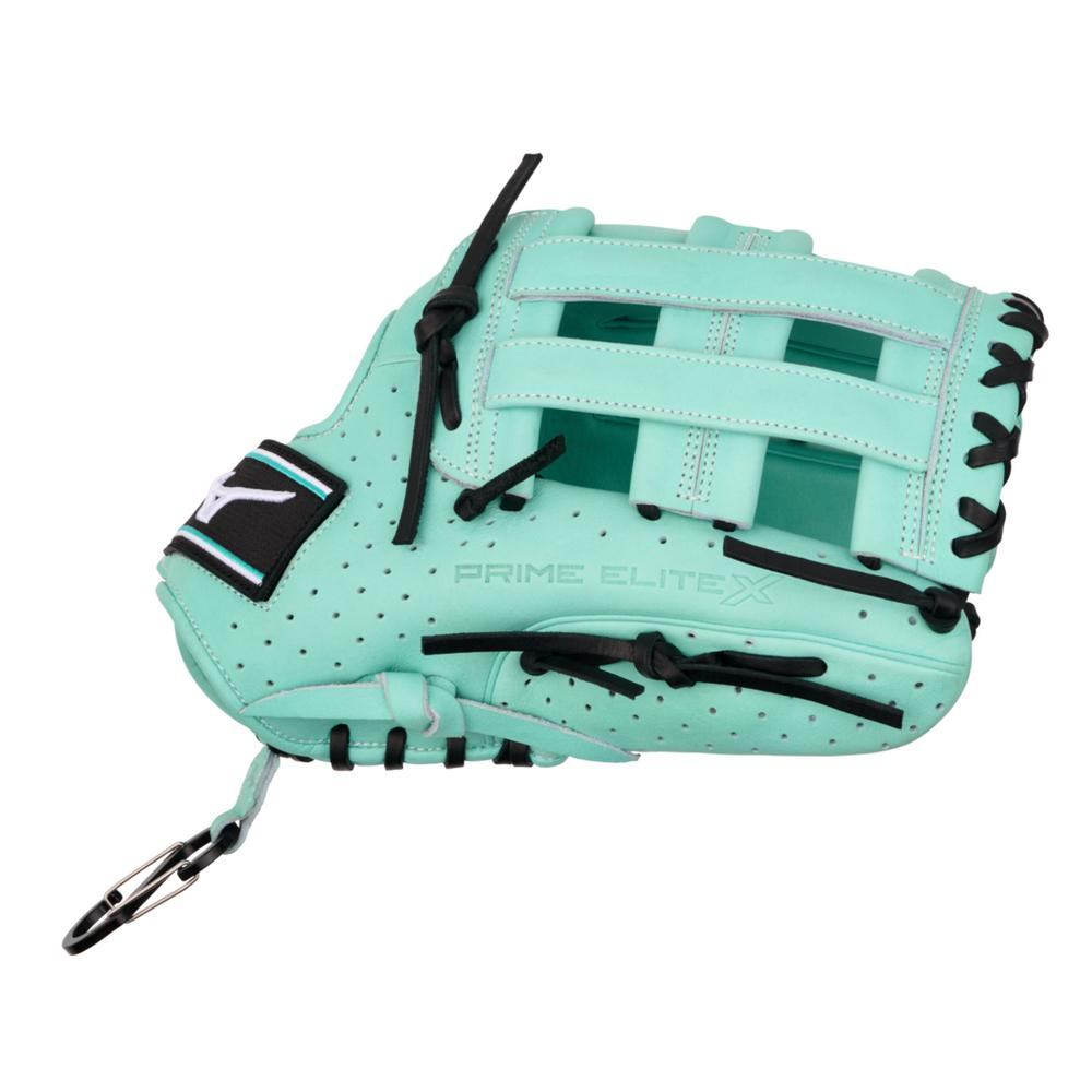 The Mizuno Prime Elite X 12.5" Fastpitch Glove (GPEXF-60, 313350) features a light teal color, black laces, perforated detailing, an open web design, and a small metal clip near the wrist opening. Brand: Mizuno.