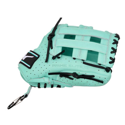 The Mizuno Prime Elite X 12.5" Fastpitch Glove (GPEXF-60, 313350) features a light teal color, black laces, perforated detailing, an open web design, and a small metal clip near the wrist opening. Brand: Mizuno.