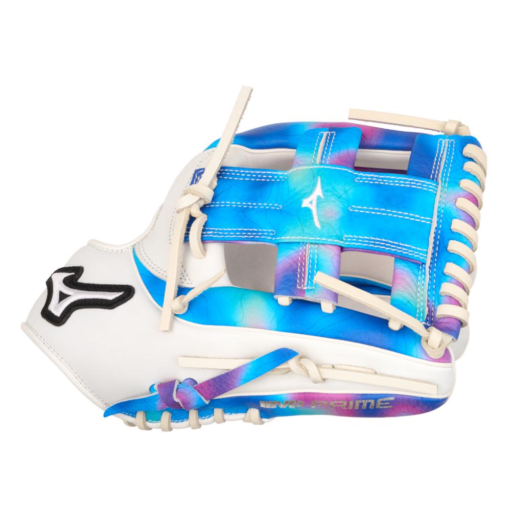 The Mizuno MVP Prime M-Print 11.75" Fastpitch Glove (GMVPF-50MP) features blue, white, and purple colors with cream laces, a webbed pocket, black-and-white Mizuno logo near the thumb, and M-Print technology for better grip.