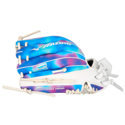 The Mizuno MVP Prime M-Print 11.75" Fastpitch Glove (GMVPF-50MP) features a vibrant blue, purple, and pink gradient, white laces, the Mizuno logo, SureFit Foam, advanced M-Print tech, and "Fastpitch Model" text.