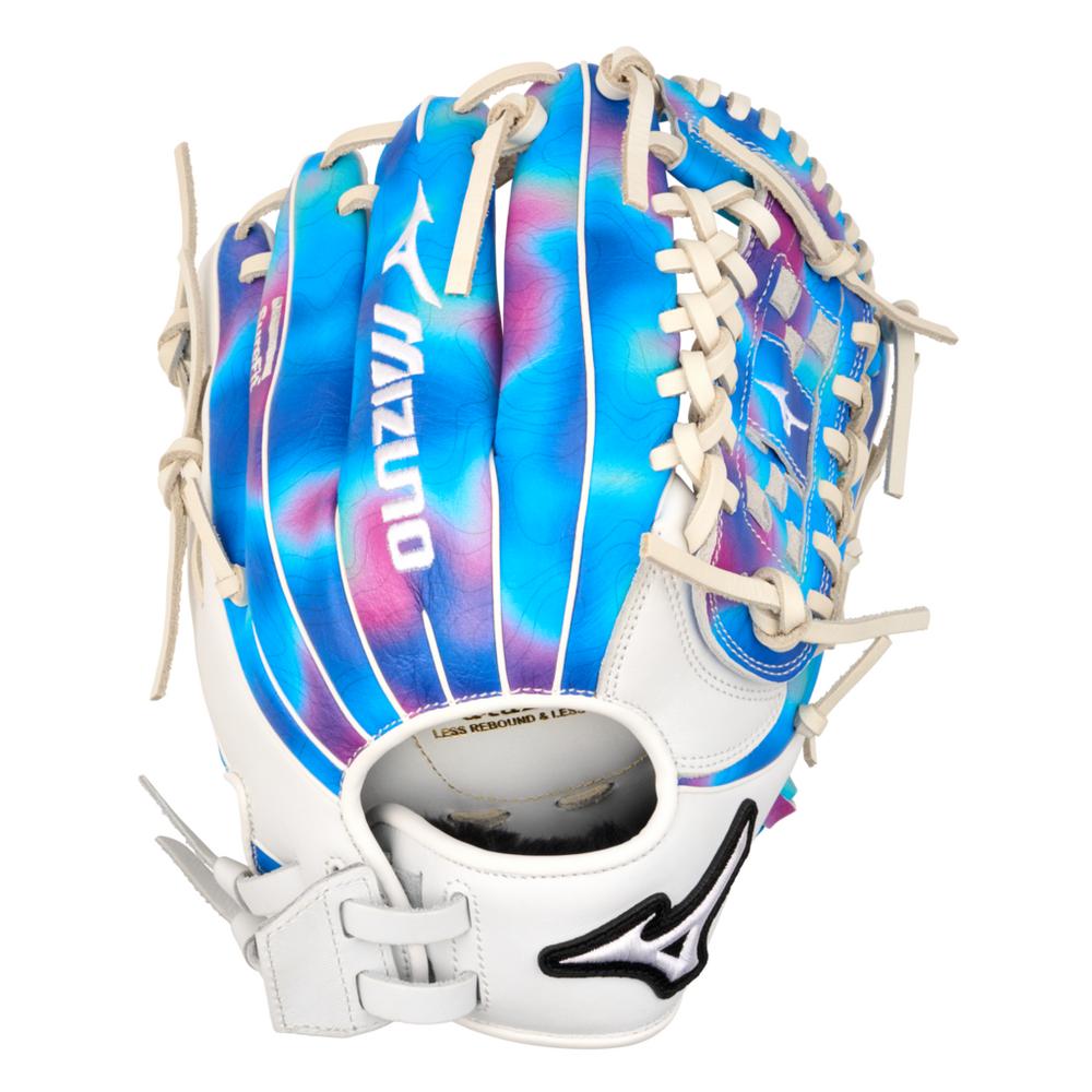 The Mizuno MVP Prime M-Print 12" Fastpitch Glove (GMVPF-10MP) features a blue, pink, and purple tie-dye top, white laces and palm with a black Mizuno logo, plus M-Print technology for superior performance.